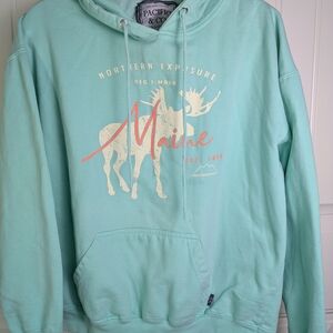 Pacific & Co Northern Exposure Maine" graphic pullover hoodie Wmns Sz:L Teal